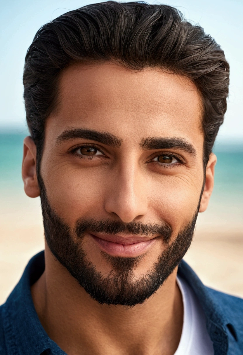La meilleure qualité,Ultra detailed,realistic:1.37,handsome man,beau type arabic visage,detailed eyes, stark,stubble beard,charming smile,Occasionnel,Elegant hair,rase,Secure posture,gentilhomme,Regard captivant,well groomed,professionnel,Model appearance,Des couleurs vives,Studio lighting,Warm color tone of the'front to camera ,half:portrait sur la plage