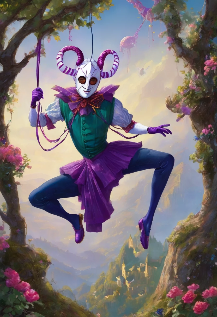 a very tall and white man, he is wearing an old French purple costume, he has six arms and wears yellow gloves on each of his six hands, he wears a purple wig with bangs and two buns and a white mask with red dots around the eyes that covers your entire face. He has a blue right eye and is blind in the left eye, he hangs from a green spider's web as if he were dancing, he is a strange and hideous yet strangely attractive monster.