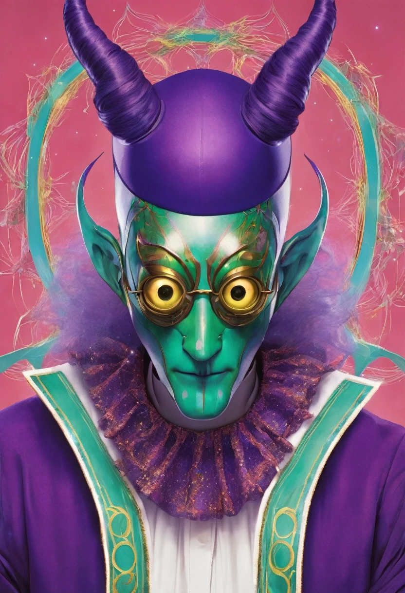 a very tall and white man, he is wearing an old French purple costume, he has six arms and wears yellow gloves on each of his six hands, he wears a purple wig with bangs and two buns and a white mask with red dots around the eyes that covers your entire face. He has a blue right eye and is blind in the left eye, he hangs from a green spider's web as if he were dancing, he is a strange and hideous yet strangely attractive monster.