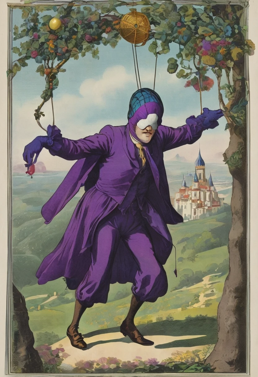 a very tall and white man, he is wearing an old French purple costume, he has six arms and wears yellow gloves on each of his six hands, he wears a purple wig with bangs and two buns and a white mask with red dots around the eyes that covers your entire face. He has a blue right eye and is blind in the left eye, he hangs from a green spider's web as if he were dancing, he is a strange and hideous yet strangely attractive monster.