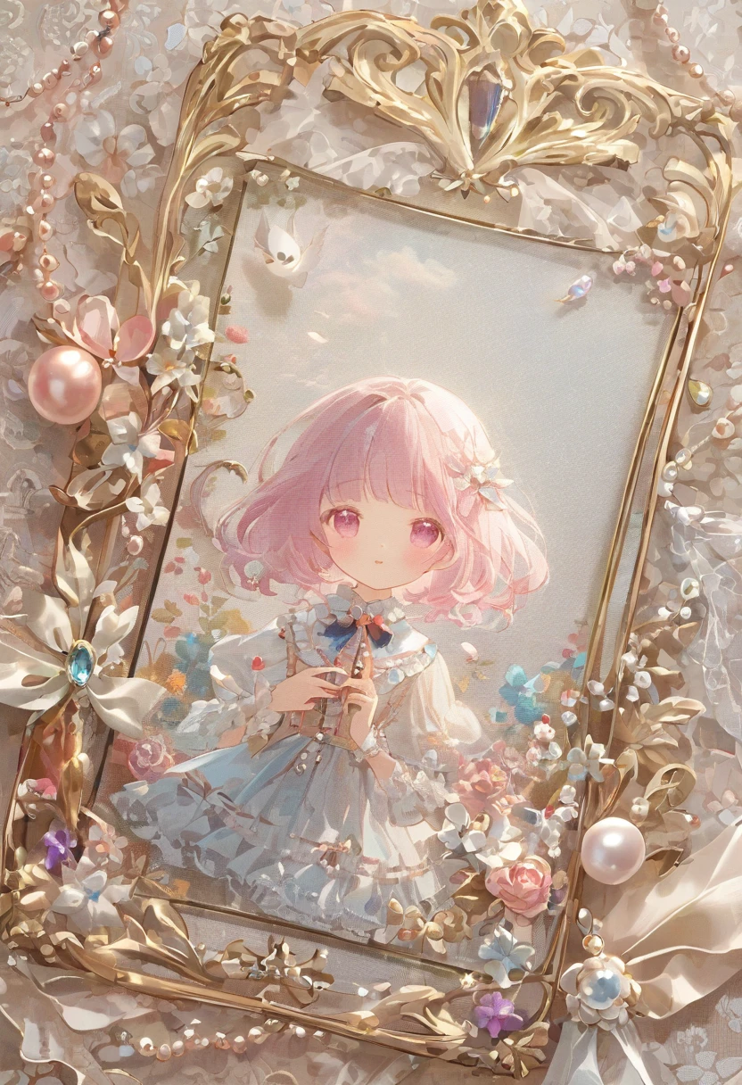 ((background only)),(((masterpiece))), (((Highest quality))), ((Super detailed)), ((非常にdelicateで美しい)), (最高masterpiece:1.4),delicate,８ｋ,Beautiful satin wallpaper((Generate only frills:1.4)),(Full-screen texture:1.4)Collage fabric,ghostwhite,Lots of tulle,Pearl ornament,(Shabby chic),Cute atmosphere