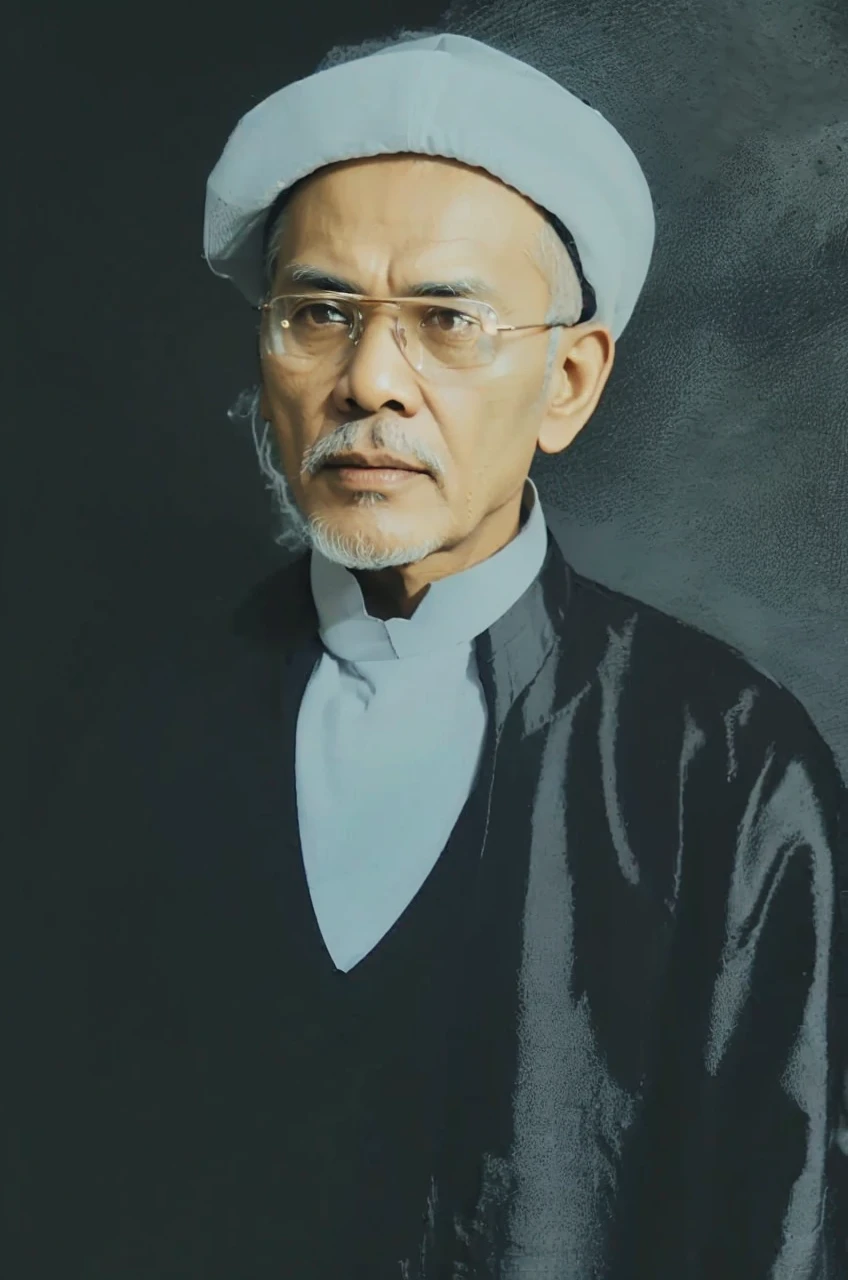 Indonesian Muslim man, wrinkled brown skin, aged 50 years or above, wearing a white head covering, black robe/kurta/jubbas, wearing small transparent glasses, sharp nose, thin lips, not too long beard, clear clean eyes, black eyebrows slightly gray. Very realistic images, ultra HD quality.
