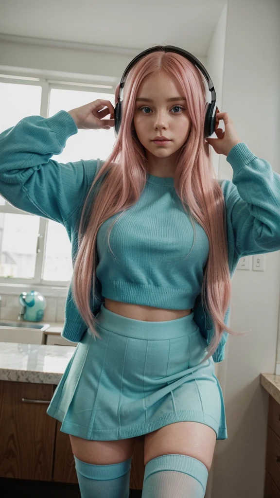 {a young woman with long pink hair, pink anime eyes. She is wearing a large light blue sweater, yes face is beautiful, her face is super cute, her face is super pretty, his face is super cute,((a green skirt)) and black stockings. He has blue headphones on., with a thoughtful and slightly worried expression. The young woman stands with her body slightly leaning forward, looking down at the viewer, shyly . His pose denotes a state of reflection and perhaps a slight uncertainty..}