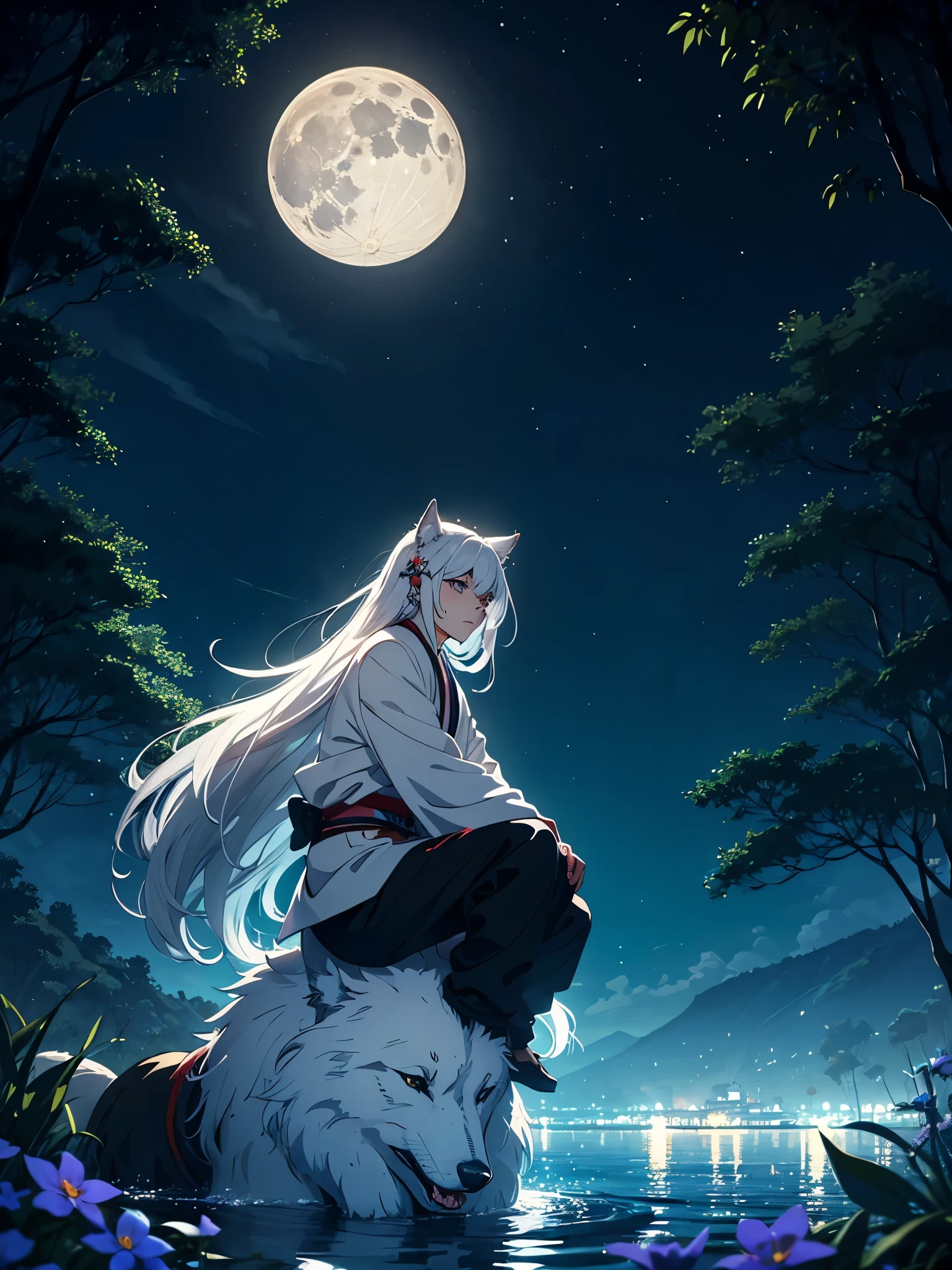Riding a big wolf. Göttlich. Geweih auf dem Kopf. Kimono. Big Wolf. day lights. More anime. light blue light. Bright bright light. magical. Moon. Sitting on a big white wolf. Lightening flowers. More anime. male. Blue flowers. Long hair. long white hair. aquatic, boy, God of the Moon, silver hair accessories, White hair. 