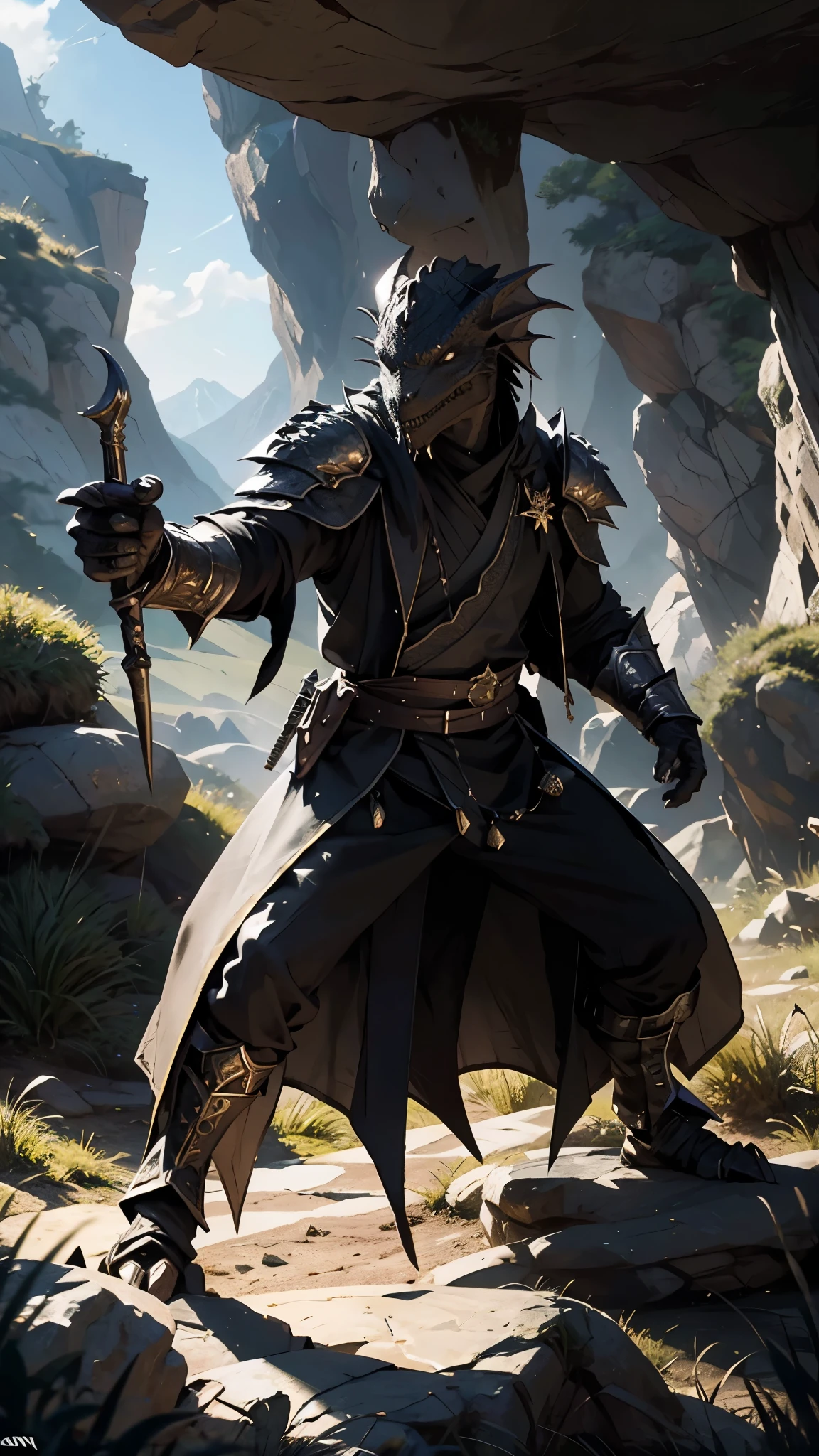 [black] Dragonborn, In a valley, wears a long robe，Light armor，daggers，Long sticks，Combat posture，DND