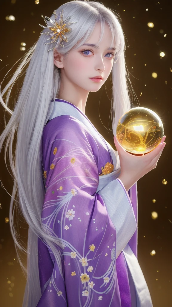 (masterpiece:1.3), (8k, photorealistic, raw photo, highest quality:1.4), (one girl), beautiful face, (realistic face), (long hair), (silver hair, near white hair, shiny hair, beautiful straight hair), (even bangs), (sharp bangs), straight hairstyle, realistic eyes, beautiful detailed eyes (purple eyes), (sharp eyes), (realistic skin), beautiful skin, (kimono), (magician's kimono), (flower hair ornament), attractive, ultra high resolution, ultra realistic, highly detailed, golden ratio, colorful background, (flowers blooming), (energy dancing background), magician, facing forward, facing from shoulders, looking straight ahead, both shoulders facing towards you, holding crystal ball, (heart crystal ball, love crystal ball).