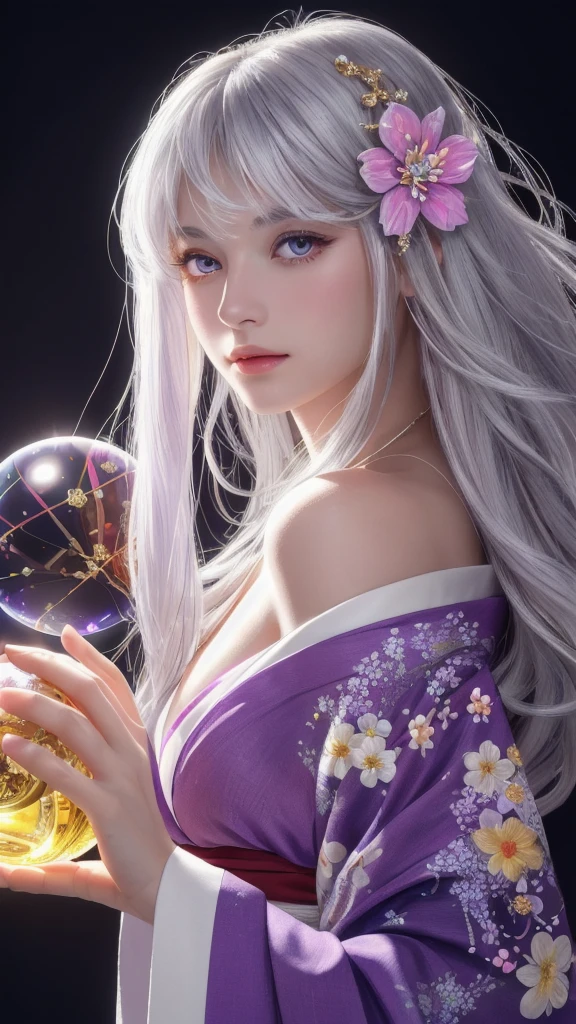 (masterpiece:1.3), (8k, photorealistic, raw photo, highest quality:1.4), (one girl), beautiful face, (realistic face), (long hair), (silver hair, near white hair, shiny hair, beautiful straight hair), (even bangs), (sharp bangs), straight hairstyle, realistic eyes, beautiful detailed eyes (purple eyes), (sharp eyes), (realistic skin), beautiful skin, (kimono), (magician's kimono), (flower hair ornament), attractive, ultra high resolution, ultra realistic, highly detailed, golden ratio, colorful background, (flowers blooming), (energy dancing background), magician, facing forward, facing from shoulders, looking straight ahead, both shoulders facing towards you, holding crystal ball, (heart crystal ball, love crystal ball).