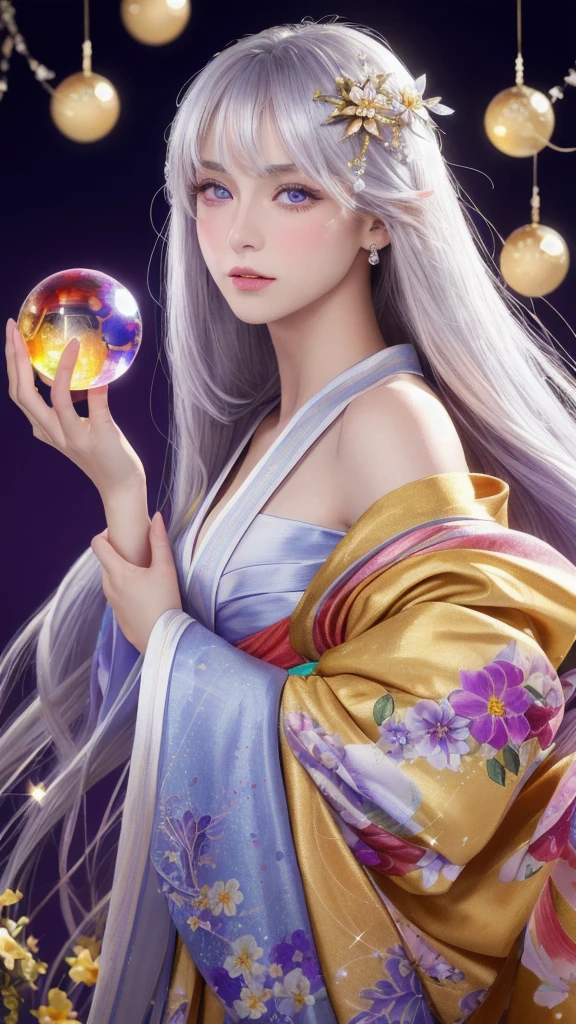(masterpiece:1.3), (8k, photorealistic, raw photo, highest quality:1.4), (one girl), beautiful face, (realistic face), (long hair), (silver hair, near white hair, shiny hair, beautiful straight hair), (even bangs), (sharp bangs), straight hairstyle, realistic eyes, beautiful detailed eyes (purple eyes), (sharp eyes), (realistic skin), beautiful skin, (kimono), (magician's kimono), (flower hair ornament), attractive, ultra high resolution, ultra realistic, highly detailed, golden ratio, colorful background, (flowers blooming), (energy dancing background), magician, facing forward, facing from shoulders, looking straight ahead, both shoulders facing towards you, holding crystal ball, (heart crystal ball, love crystal ball).