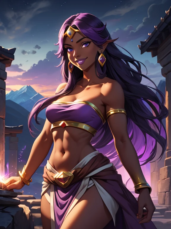 (best quality:1.3), (4K quality),masterpiece, best quality, high res, detailed, vibrant colors, (Detailed face:1.2), (Detailed eyes:1.2), (Perfect figure:1.2), Fantasy style, Fantasy environment solo, 1girl, 25 year old woman, sorceress, (Dark skin:1.5), purple hair, wavy hair, long hair, purple eyes, mascaras purple eyeshadow, smile, purple lipstick, skin covered in purple markings, medium breasts, waist, slender legs, attractive body, slim figure, perfect shape, (Wearing:golden headpiece, purple strapless top, purple loincloth, pelvic curtain, golden armlets), looking at viewer with an amused smile, both hands glowing bright purple, purple magic, bright purple sparks in both hands, BREAK (Night time, outdoors, dark clouds in the sky, purple lighting, stone temple, stone structures, on the mountain top, gorgeous view of the mountains)
