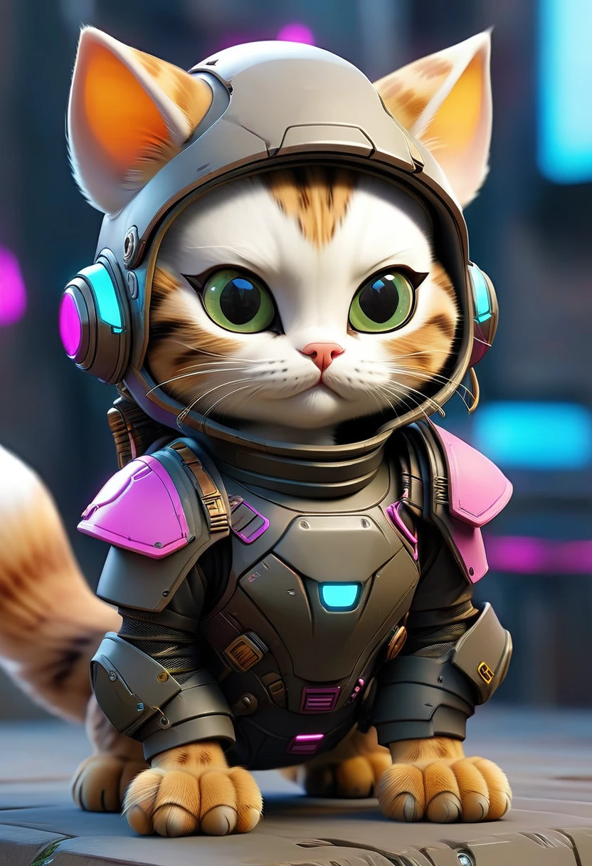 Dressed animals page, captivating and intriguing image of a Cute cat dressed in cyberpunk styled armor, cybernatic, Jetpak on it back, (flying:1.5)