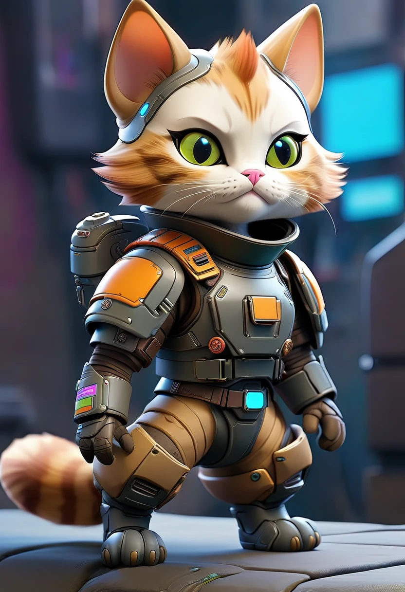 Dressed animals page, captivating and intriguing image of a Cute cat dressed in cyberpunk styled armor, cybernatic, Jetpak on it back, (flying:1.5)