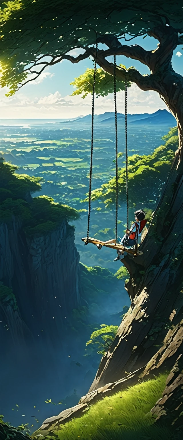 High quality, 8K Ultra HD. anime landscape of a boy on a tree swing, shadows of the tree, on a hinkai cliff, beautiful anime scene, dreamy, majestic, 4k anime wallpaper, incredible art by Bob Byerley , AshleyWoodArtAI, greg rutkowski