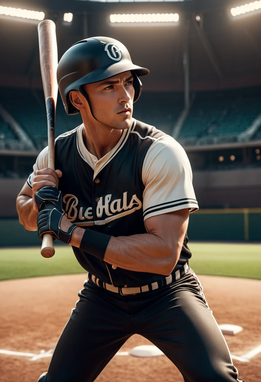 A muscular caucasian man in a stylish baseball uniform designed by Rick Owens, batting with intense focus, hyperrealistic, 8k, high quality, photorealistic, physically-based rendering, studio lighting, detailed facial features, piercing eyes, sharp jawline, chiseled physique, athletic stance, dynamic motion, baseball field background, cinematic lighting, dramatic shadows, vibrant colors, moody atmosphere，xianxia