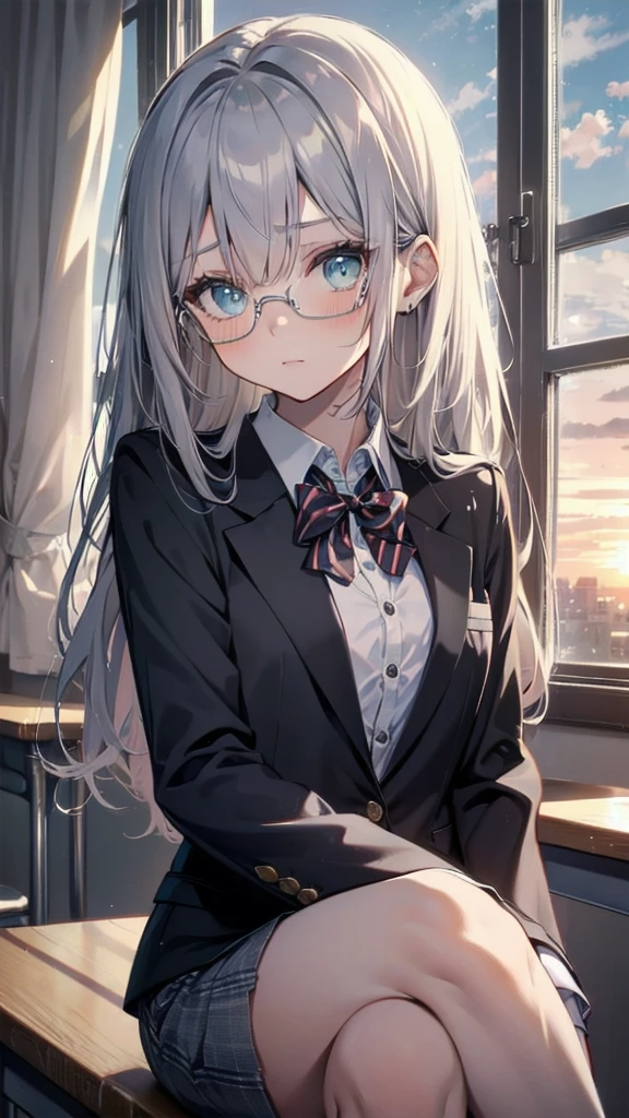 (masterpiece), (best quality), ((very detailed)), (very delicate), (A young girl), cyan eyes, sparkling eyes, droopy eyes, boston eyewear, worried,(Silver gray hair),Short messy hair, Barrette, Medium chest, Blazer uniform , platinum blonde, White skin, classroom, Sunset rays shining through the window, Downcast eyes, lack of confidence, scared of people, afraid, bullied at school, Muddy ,