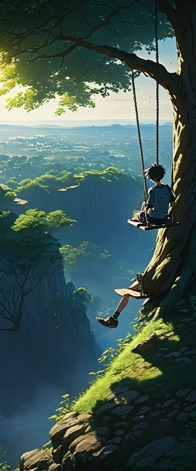 High quality, 8K Ultra HD. anime landscape of a boy on a tree swing, shadows of the tree, on a hinkai cliff, beautiful anime scene, dreamy, majestic, 4k anime wallpaper, incredible art by Bob Byerley , AshleyWoodArtAI, greg rutkowski