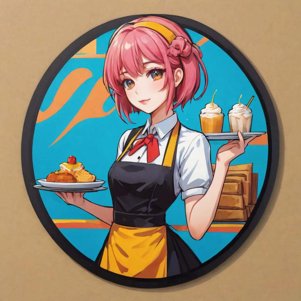 (a sticker,),(3D anime waitress with a tray girl),bright colored hair,Slim, ellegance, There is also a touch of mystery.(In circlerown background), ultra - detailed, Detailed diagram, vectorized, 8K, Professional a sticker design, Graphic design, vector lines, a sticker, Full-HD