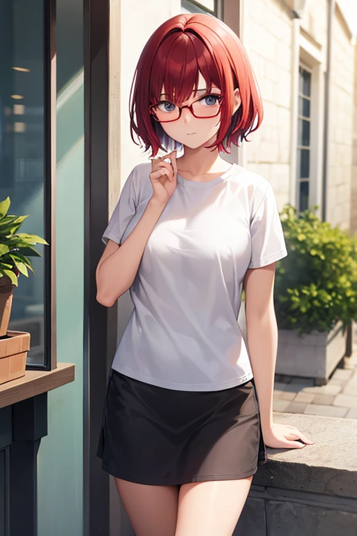 A  girl, she has short red hair, and she has a face that seems shy, and black glasses that have half a frame. 