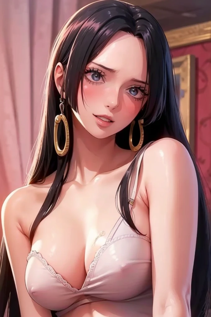 best quality, masterpiece, highly detailed,1girl, Boa Hancock, , (masterpiece:1.5), Detailed Photo, Smiling, Sexy, (8K, Best Quality: 1.4), (1girl), Beautiful Face, (anime realistic Face), (Black Hair, long Hair: 1.3), Beautiful Hairstyle, Realistic eyes, beautiful detail eyes, (white skin), beautiful skin, absurd, attractive, ultra high resolution, ultra realistic, high definition, golden ratio, (sexually aroused:1.5), Pinkish white skin, cool white light, sexy pose, Beautiful , white background, pink soft white light, Wear a black bodycon dress, makeup, lips, pink lips, simple background, solo, upper body, (shiny skin),Incomparable masterpiece, ultra-realistic 8k CG, perfect artwork, ((perfect female image)), mature woman, slender waist, seductive, clean, beautiful face, {extremely delicate and beautiful girl} , 8k wallpaper, {{{Masterpiece}} }