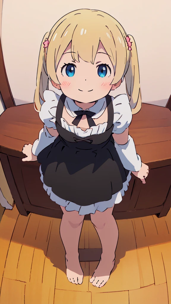 ((masterpiece))((Highest quality))girl、smile、blush、Flat Chest、Are thin、Blonde Hair、blush、Are standing、Whole body image、Even your toes are visible、Eye level on face、front、No background、真frontのアングル、A black maid outfit full of frills、Twin tails、Angle looking up from below、Fisheye Lens