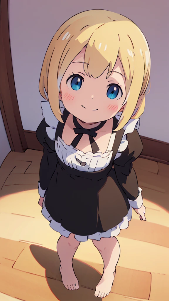 ((masterpiece))((Highest quality))girl、smile、blush、Flat Chest、Are thin、Blonde Hair、blush、Are standing、Whole body image、Even your toes are visible、Eye level on face、front、No background、真frontのアングル、A black maid outfit full of frills、Twin tails、Angle looking up from below、Fisheye Lens