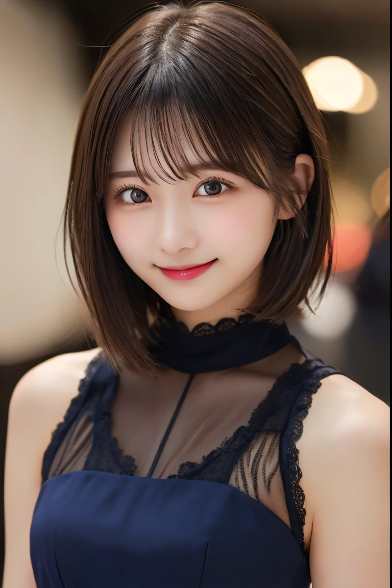 Highest quality、(beautiful)、Super delicate eyes、Brown eyes、22-year-old female、、smile、looking at the camera、Semi-short hair、Gal、Lace Mini Dresses