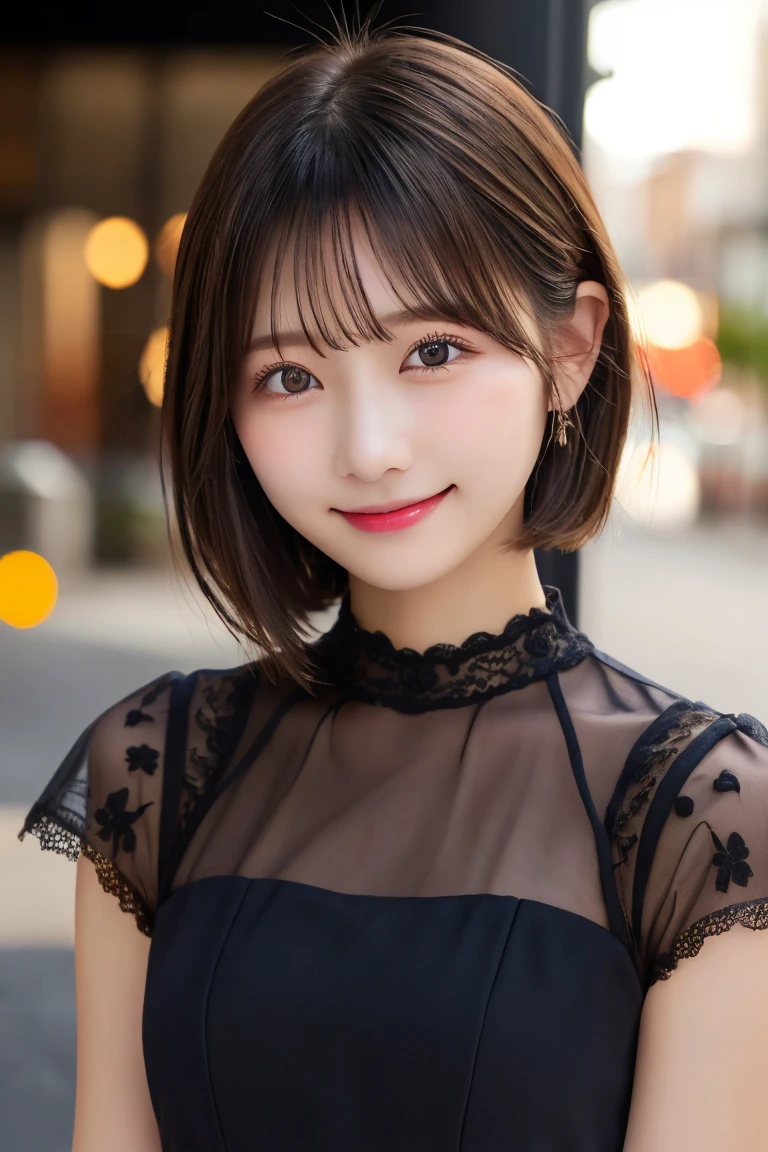 Highest quality、(beautiful)、Super delicate eyes、Brown eyes、22-year-old female、、smile、looking at the camera、Semi-short hair、Gal、Lace Mini Dresses