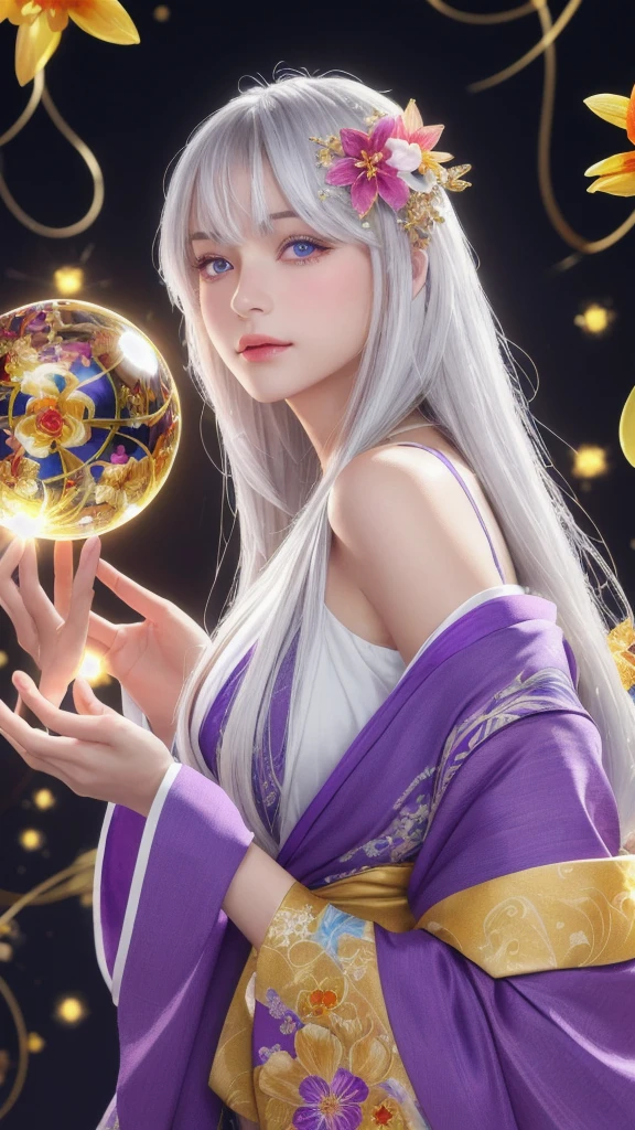 (masterpiece:1.3), (8k, photorealistic, raw photo, highest quality:1.4), (one girl), beautiful face, (realistic face), (long hair), (silver hair, near white hair, shiny hair, beautiful straight hair), (even bangs), (sharp bangs), straight hairstyle, realistic eyes, beautiful detailed eyes (purple eyes), (sharp eyes), (realistic skin), beautiful skin, (kimono), (magician's kimono), (flower hair ornament), attractive, ultra high resolution, ultra realistic, highly detailed, golden ratio, colorful background, (flowers blooming), (energy dancing background), magician, facing forward, facing from shoulders, looking straight ahead, both shoulders facing towards you, holding crystal ball, (heart crystal ball, love crystal ball).