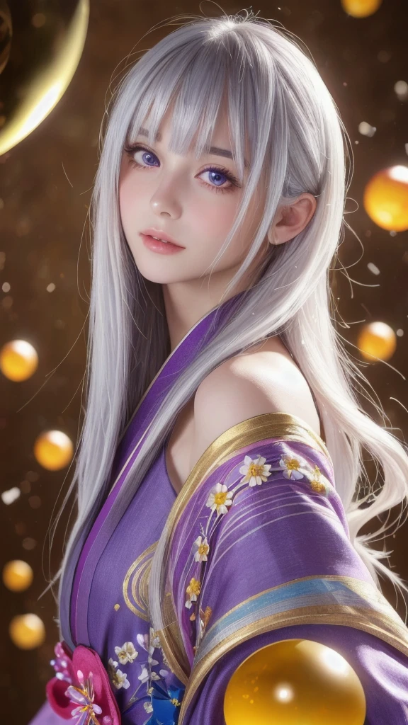 (masterpiece:1.3), (8k, photorealistic, raw photo, highest quality:1.4), (one girl), beautiful face, (realistic face), (long hair), (silver hair, near white hair, shiny hair, beautiful straight hair), (even bangs), (sharp bangs), straight hairstyle, realistic eyes, beautiful detailed eyes (purple eyes), (sharp eyes), (realistic skin), beautiful skin, (kimono), (magician's kimono), (flower hair ornament), attractive, ultra high resolution, ultra realistic, highly detailed, golden ratio, colorful background, (flowers blooming), (energy dancing background), magician, facing forward, facing from shoulders, looking straight ahead, both shoulders facing towards you, holding crystal ball, (heart crystal ball, love crystal ball).