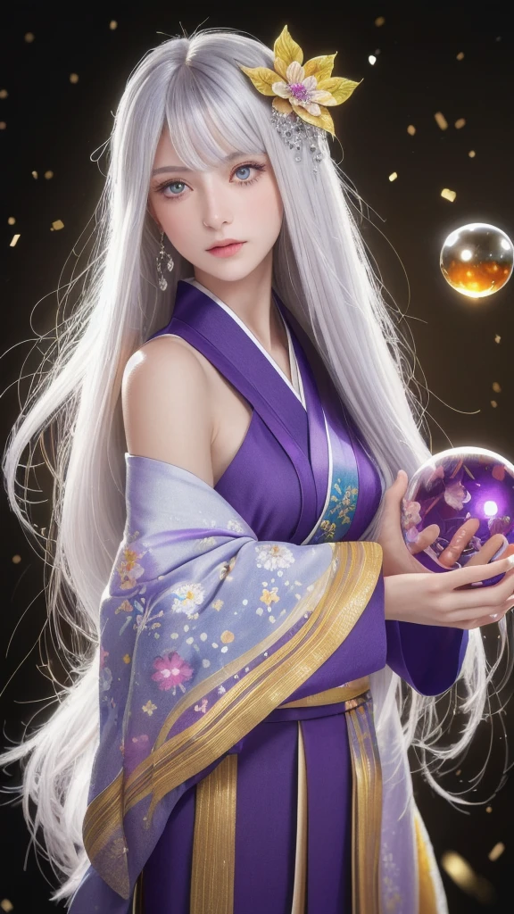 (masterpiece:1.3), (8k, photorealistic, raw photo, highest quality:1.4), (one girl), beautiful face, (realistic face), (long hair), (silver hair, near white hair, shiny hair, beautiful straight hair), (even bangs), (sharp bangs), straight hairstyle, realistic eyes, beautiful detailed eyes (purple eyes), (sharp eyes), (realistic skin), beautiful skin, (kimono), (magician's kimono), (flower hair ornament), attractive, ultra high resolution, ultra realistic, highly detailed, golden ratio, colorful background, (flowers blooming), (energy dancing background), magician, facing forward, facing from shoulders, looking straight ahead, both shoulders facing towards you, holding crystal ball, (heart crystal ball, love crystal ball).