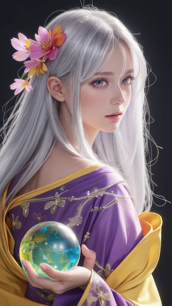 (masterpiece:1.3), (8k, photorealistic, raw photo, highest quality:1.4), (one girl), beautiful face, (realistic face), (long hair), (silver hair, near white hair, shiny hair, beautiful straight hair), (even bangs), (sharp bangs), straight hairstyle, realistic eyes, beautiful detailed eyes (purple eyes), (sharp eyes), (realistic skin), beautiful skin, (kimono), (magician's kimono), (flower hair ornament), attractive, ultra high resolution, ultra realistic, highly detailed, golden ratio, colorful background, (flowers blooming), (energy dancing background), magician, facing forward, facing from shoulders, looking straight ahead, both shoulders facing towards you, holding crystal ball, (heart crystal ball, love crystal ball).