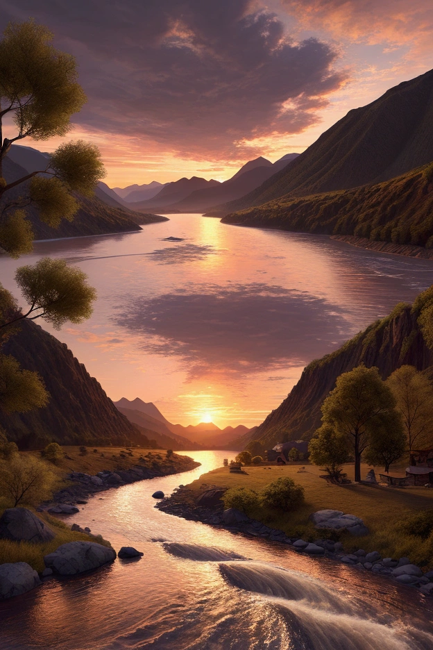 illustration, landscape, mountains with river, cloudy, sunrise. very detailed and cinematic lighting.
