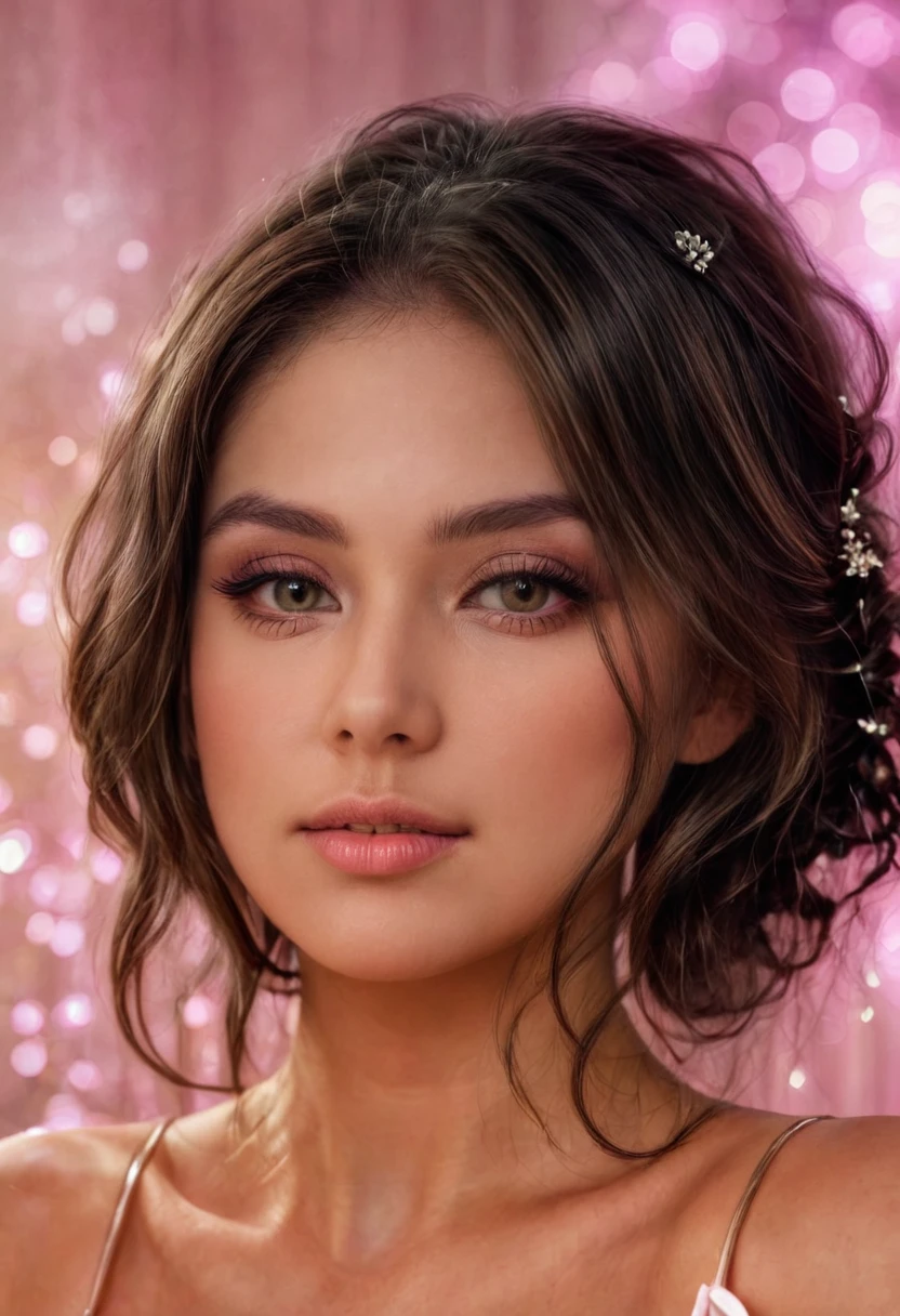 anikaxxx  "A beautiful woman with flawless skin and a serene expression is posing with her eyes closed against a soft, dreamy pink background with bokeh lights. Her makeup is subtle and enhances her natural beauty, with a soft glow on her cheeks and perfectly shaped eye

