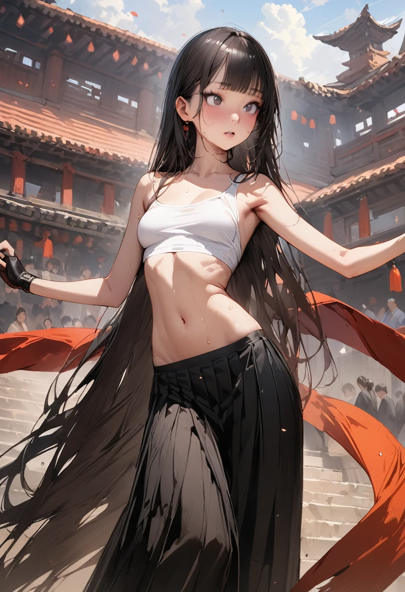 (((masterpiece,Highest quality:1.3,best quality illustration))),(realistic),cowboy shot,solo,1woman,18 year old beauty,black hair,long hair,bangs,black eyes,gorgeous big eyes,((very small head:1.3)),blush,((very long body:1.2,skinny)),medium breasts,White tube top shirt、navel、(Black pleated mini skirt),Brown leather fingerless gloves、sweat,gleaming skin,toned body,slender body、Martial arts stance、Martial Arts Matches、amphitheater、