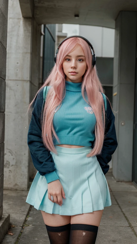 {a young woman with long pink hair, pink anime eyes. She is wearing a large light blue sweater, yes face is beautiful, her face is super cute, her face is super pretty, his face is super cute,((a green skirt)) and black stockings. He has blue headphones on., with a thoughtful and slightly worried expression. The young woman stands with her body slightly leaning forward, looking down at the viewer, shyly . His pose denotes a state of reflection and perhaps a slight uncertainty..}
