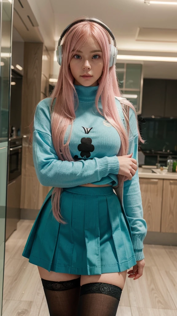 {a young woman with long pink hair wearing myopia glasses. She is wearing a light blue sweater, a green skirt and black stockings. He's clutching a pair of blue headphones, with a thoughtful and slightly worried expression. The young woman stands with her body slightly leaning forward, looking down, with the left hand holding the headphones and the right hand slightly pointing towards them. His pose denotes a state of reflection and perhaps a slight uncertainty..}