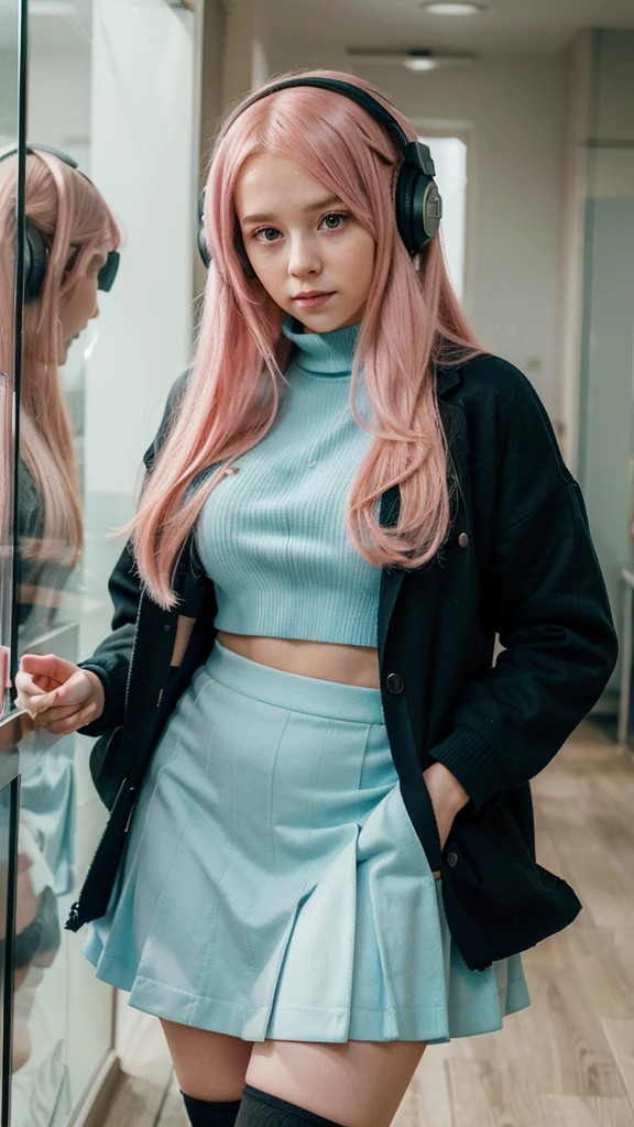 {a young woman with long pink hair, pink anime eyes. She is wearing a large light blue sweater, yes face is beautiful, her face is super cute, her face is super pretty, his face is super cute,((a green skirt)) and black stockings. He has blue headphones on., with a thoughtful and slightly worried expression. The young woman stands with her body slightly leaning forward, looking down at the viewer, shyly . His pose denotes a state of reflection and perhaps a slight uncertainty..}