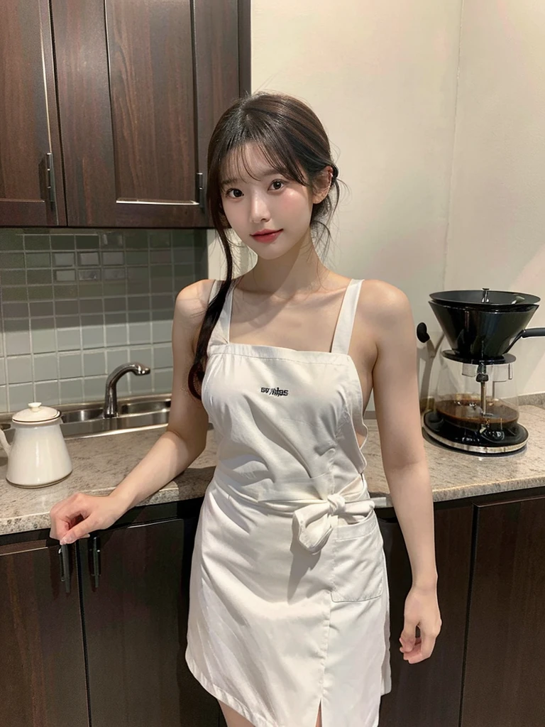 Ultra HD realistic photos of a young Asian beauty, completely nude in front with only a short apron, brewing siphon coffee.