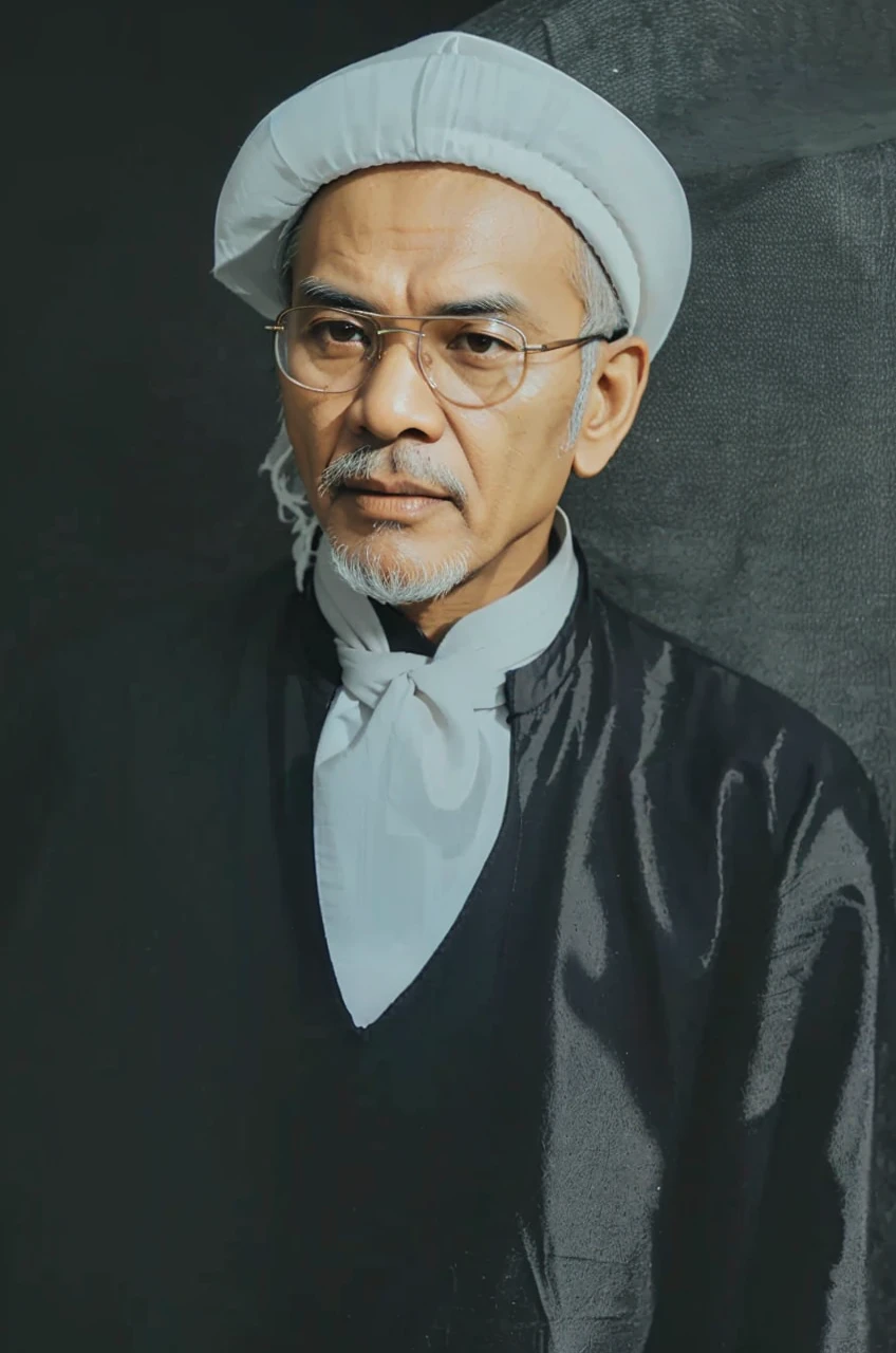 Indonesian Muslim man, wrinkled brown skin, aged 50 years or above, wearing a white head covering, black robe/kurta/jubbas, wearing small transparent glasses, sharp nose, thin lips, not too long beard, clear clean eyes, black eyebrows slightly gray. Very realistic images, ultra HD quality.