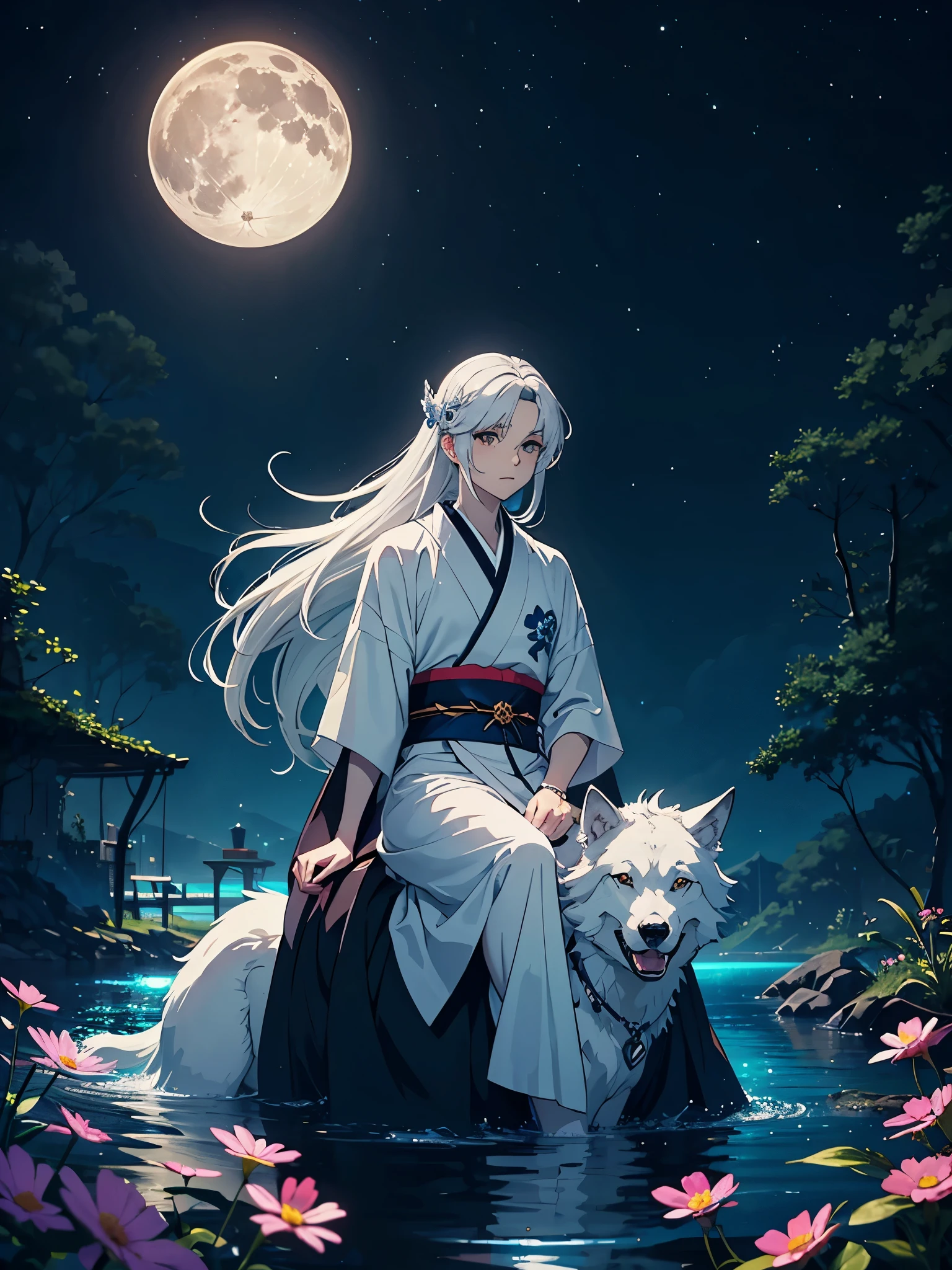 Riding a white wolf. Göttlich. Geweih auf dem Kopf. Kimono. Big Wolf. day lights. More anime. light blue light. Bright bright light. magical. Moon. Sitting on a big white wolf. Lightening flowers. More anime. male. Blue flowers. Long hair. long white hair. aquatic, boy, God of the Moon, silver hair accessories, White hair. 
