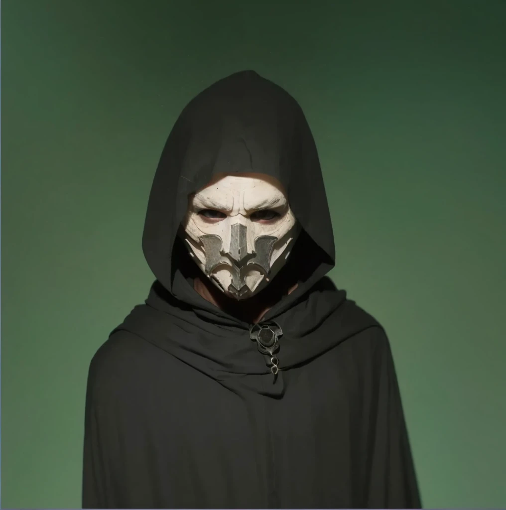 a medieval man wearing a black cloak, mask, medieval clothing, white wood mask , dramatic lighting, cinematic, dark fantasy, moody atmosphere, chiaroscuro , white wooden mask , black blood under the eye , black smoke around the eyes
