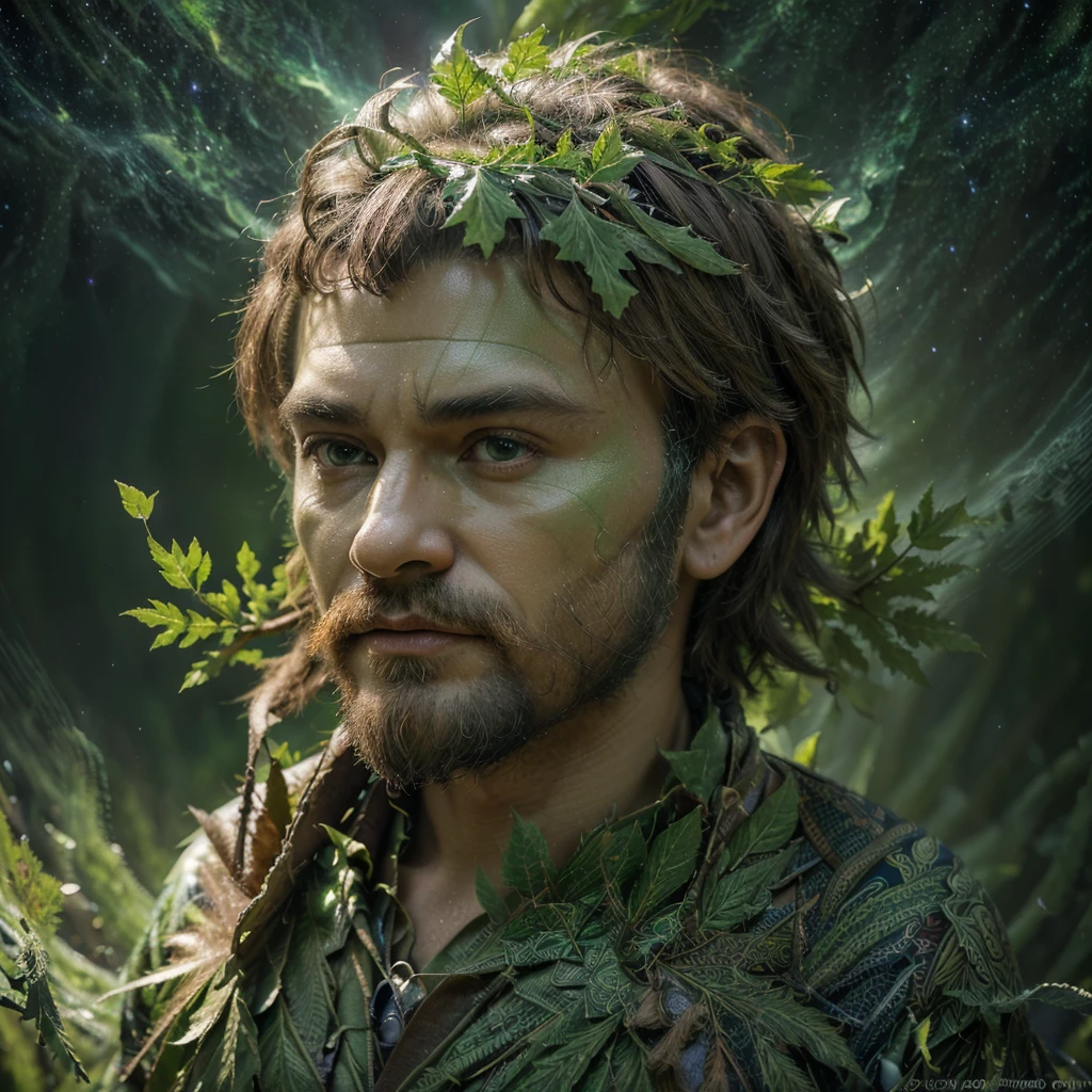 (High resolution, incredibly detailed, masterpiece), a precise symmetric center balanced (single face only) portrait of (one masculine Gaelic Greenman), green (oak leaves) floating, colorful (mystic swirling mists), featuring fractal geometry in (vibrant colors:0.8), set against a (galactic background:1.2), bringing together complex, mesmerizing shapes and patterns, dmt, fractal art, holy light.