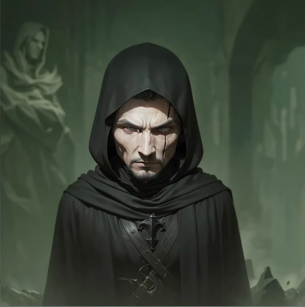 a medieval man wearing a black cloak, mask, medieval clothing, white wood mask , dramatic lighting, cinematic, dark fantasy, moody atmosphere, chiaroscuro , white wooden mask , black blood under the eye , black smoke around the eyes