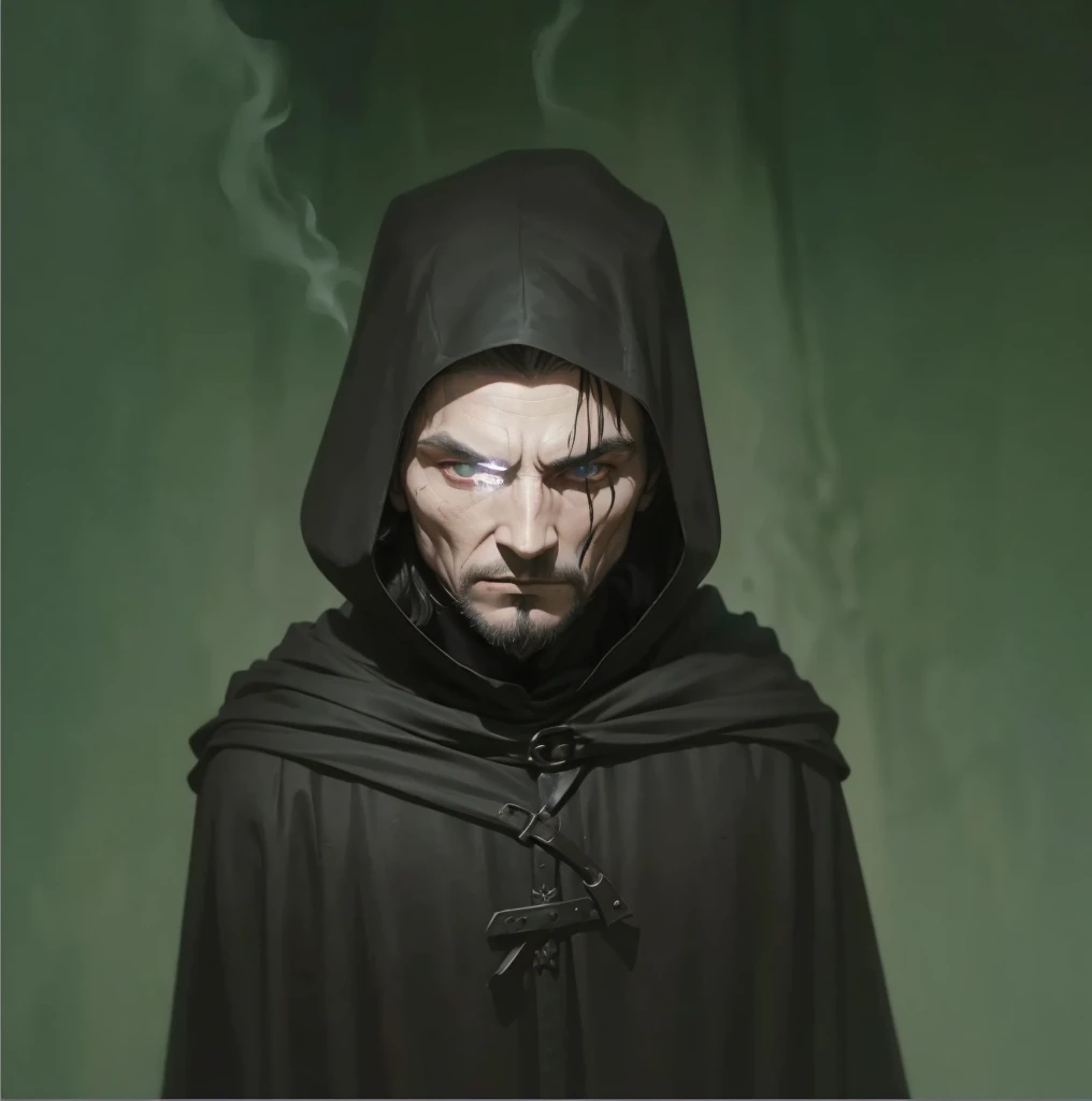 a medieval man wearing a black cloak, mask, medieval clothing, white wood mask , dramatic lighting, cinematic, dark fantasy, moody atmosphere, chiaroscuro , white wooden mask , black blood under the eye , black smoke around the eyes
