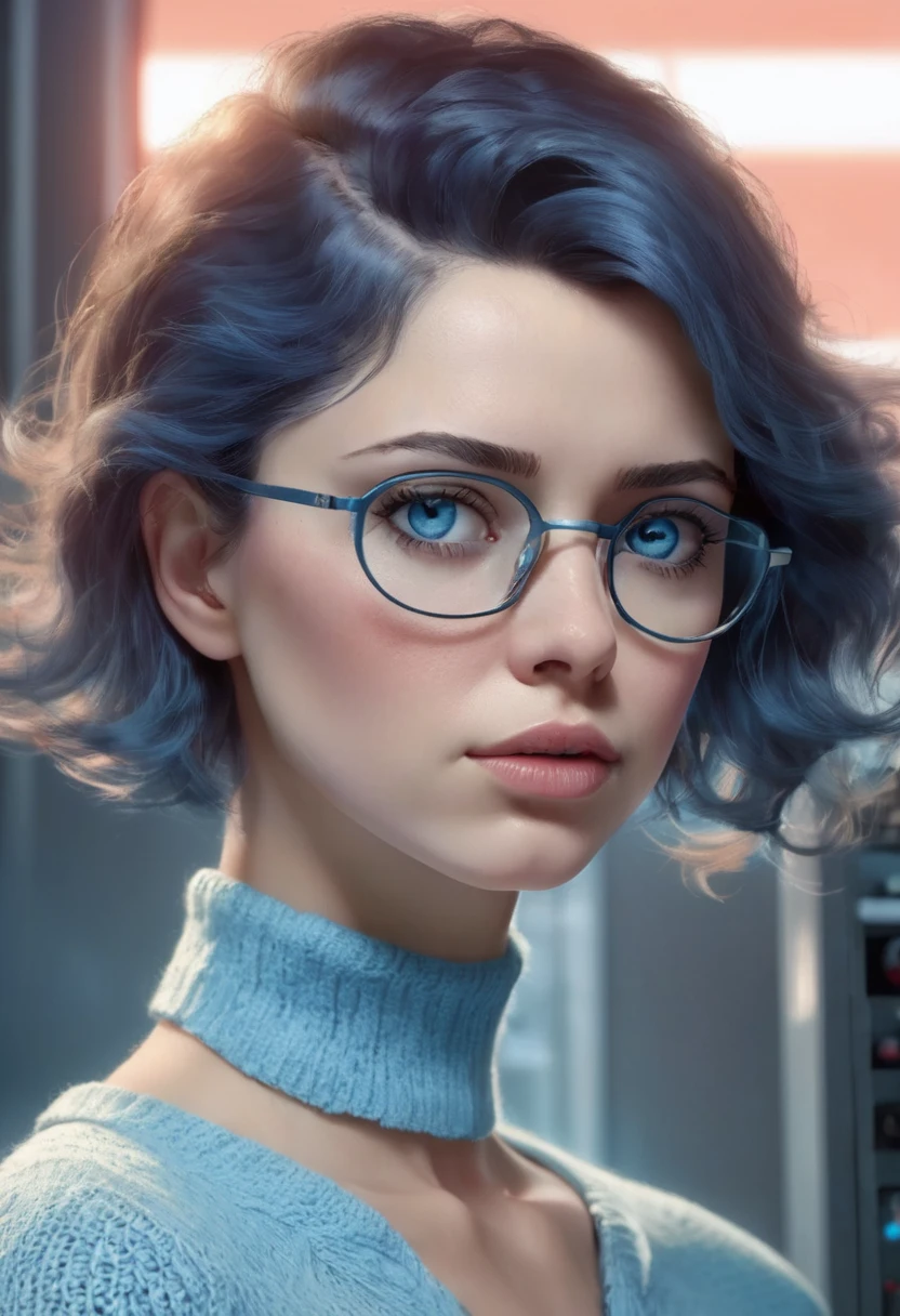 1 woman, in front of a control panel, wearing a light blue knitted blouse with a high collar, detailed facial features, detailed blue feminine eyes, detailed light skin, blue asymmetrical short hair, wearing round prescription glasses, curvy", "full -figured", strong lighting, expression of sadness on the face, sad face, cold cinematic composition, atmospheric fog, beautiful face, thin chin, beautiful woman, feminine and beautiful, 25 years old (best quality, 4K, 8K, high resolution, art : 1.2), ultra-detailed, (realistic, photorealistic, photorealistic: 1.37)