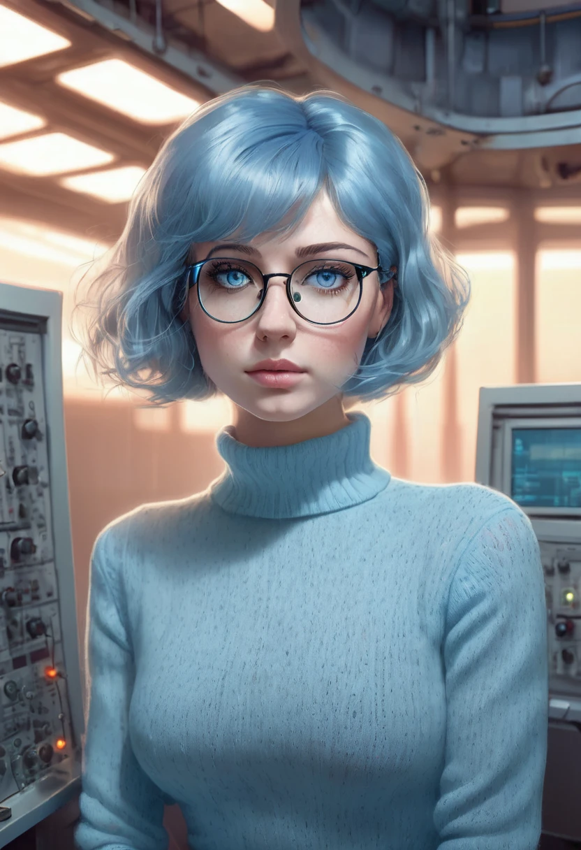 1 woman, in front of a control panel, wearing a light blue knitted blouse with a high collar, detailed facial features, detailed blue feminine eyes, detailed light skin, blue asymmetrical short hair, wearing round prescription glasses, curvy", "full -figured", strong lighting, expression of sadness on the face, sad face, cold cinematic composition, atmospheric fog, beautiful face, thin chin, beautiful woman, feminine and beautiful, 25 years old (best quality, 4K, 8K, high resolution, art : 1.2), ultra-detailed, (realistic, photorealistic, photorealistic: 1.37)