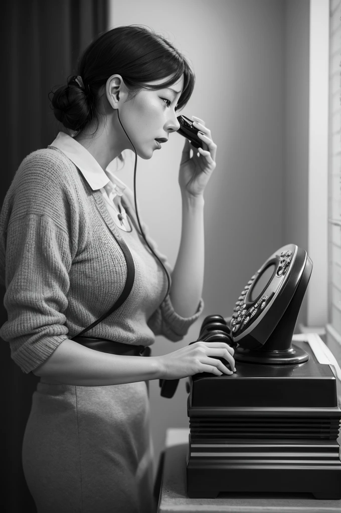 A woman talking on an old telephone