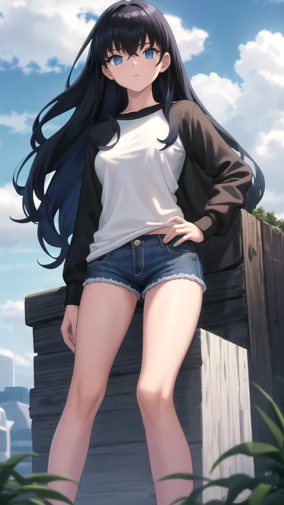 masterpiece, best quality, high quality, ,dark forsest, 1girl, solo, 16-year-old cold girl,female focus, looking at viewer , black long hair,white T-shirt ,blue jean  mini shorts , blue eyes, dare sky