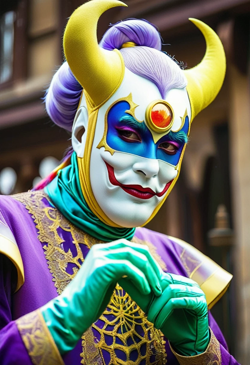a very tall and white man, he is wearing an old French purple costume, he has six arms and wears yellow gloves on each of his six hands, he wears a purple wig with bangs and two buns and a white mask with red dots around the eyes that covers your entire face. He has a blue right eye and is blind in the left eye, he hangs from a green spider's web as if he were dancing, he is a strange and hideous yet strangely attractive monster.