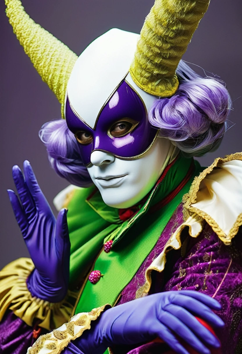 a very tall and white man, he is wearing an old French purple costume, he has six arms and wears yellow gloves on each of his six hands, he wears a purple wig with bangs and two buns and a white mask with red dots around the eyes that covers your entire face. He has a blue right eye and is blind in the left eye, he hangs from a green spider's web as if he were dancing, he is a strange and hideous yet strangely attractive monster.