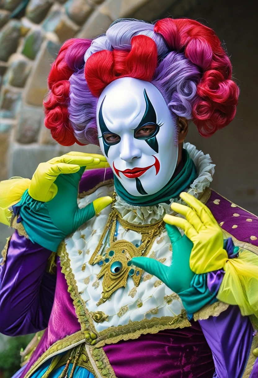 a very tall and white man, he is wearing an old French purple costume, he has six arms and wears yellow gloves on each of his six hands, he wears a purple wig with bangs and two buns and a white mask with red dots around the eyes that covers your entire face. He has a blue right eye and is blind in the left eye, he hangs from a green spider's web as if he were dancing, he is a strange and hideous yet strangely attractive monster.